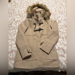 Cotton On Beige Pea Coat with Faux Fur Hood